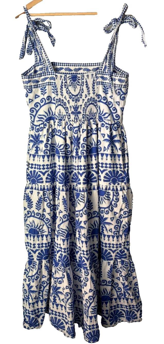 Sugarlips  Large/12 Rivera Tropics Tiered Maxi Dress Blue White Patterned Print - Picture 3 of 5